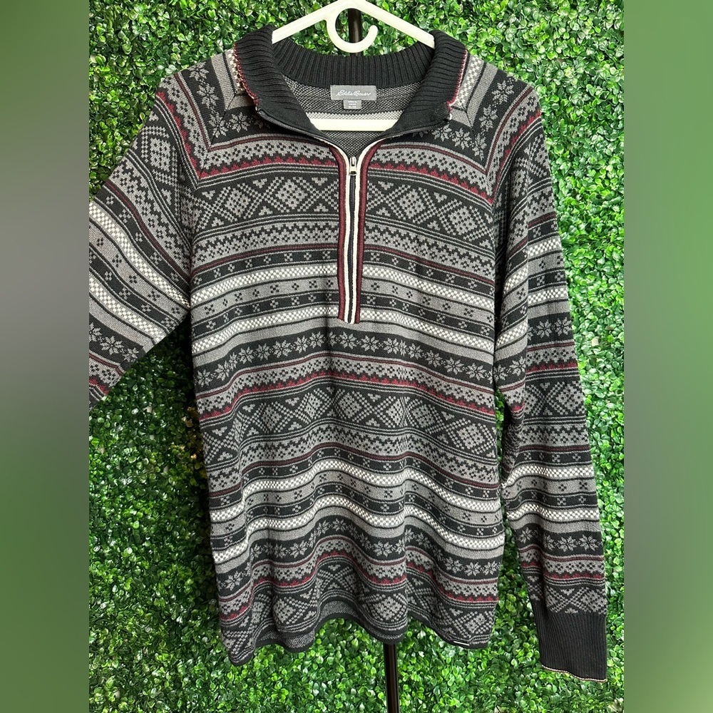 Eddie Bauer Men’s XL 1/4 Zip Black & Red Nordic Fair Isle Sweater